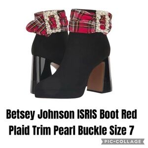 Betsey Johnson ISRIS Boot Red Plaid Trim Pearl Buckle Size 7